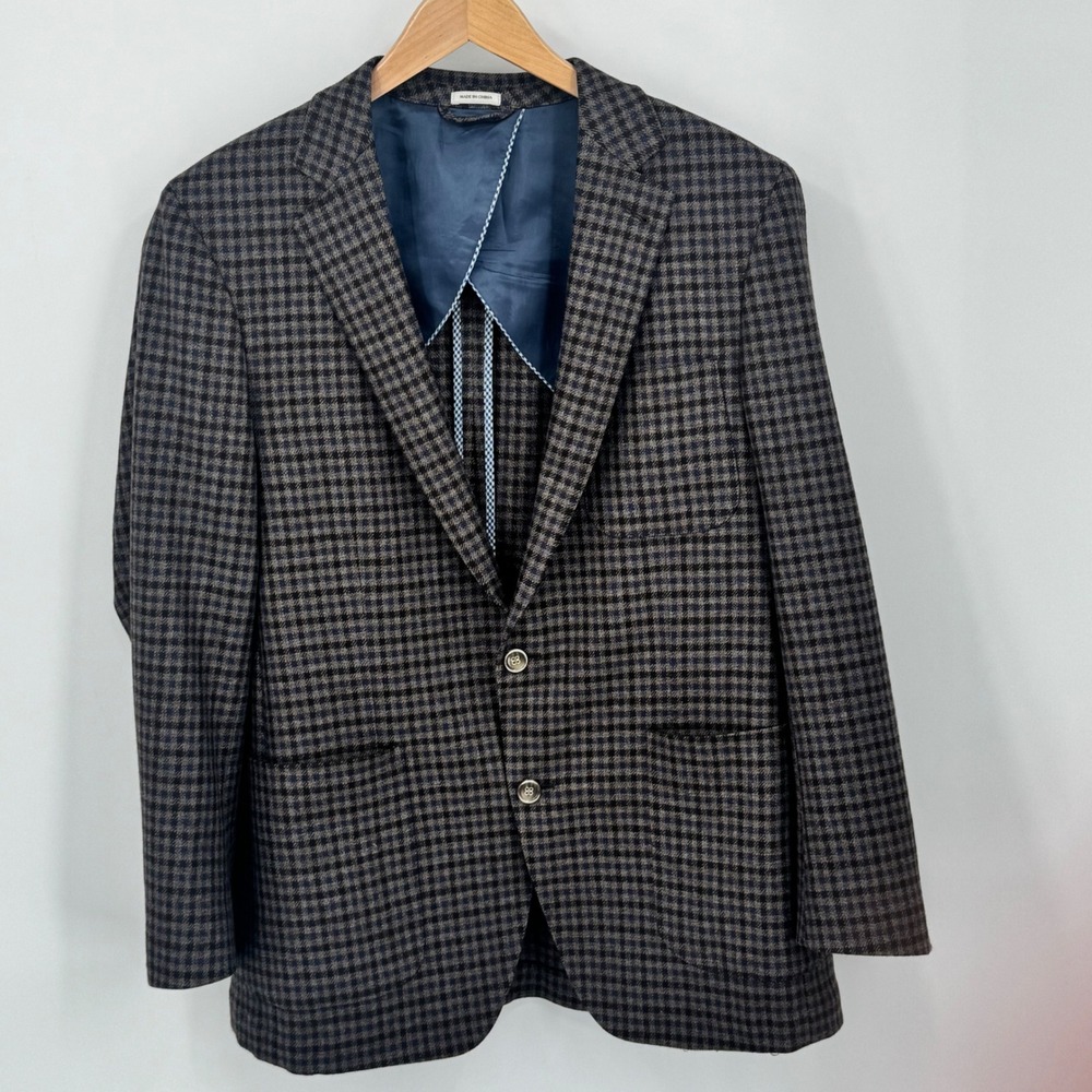 Peter Millar Mens Medium Blazer Brown Blue Plaid 100 Wool Classic Fit Two Button
